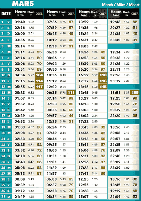 Calendrier marée Ile d Yeu 2024 coefficients et horaires